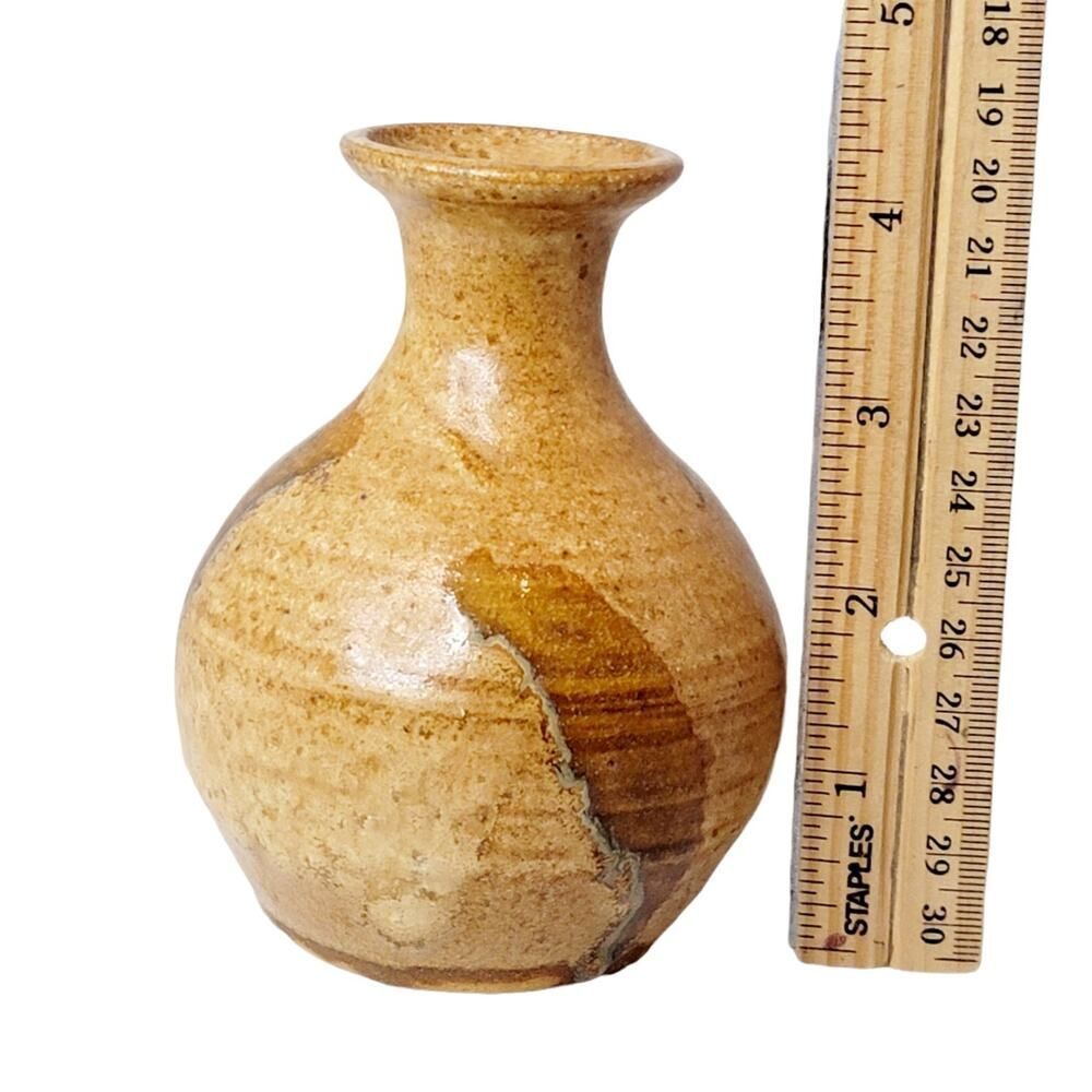 Vintage Art Pottery Vase Yellow Brown Drip Glaze Ceramic Bud Vase Boho Signed - Picture 7 of 8